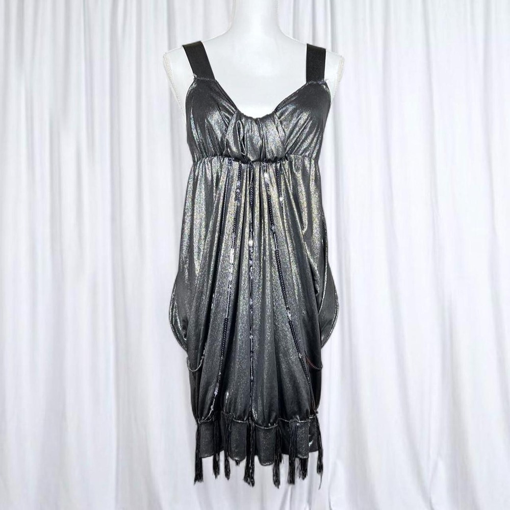 Y2K Metallic Silver Mini Dress with Tassels and Sequins